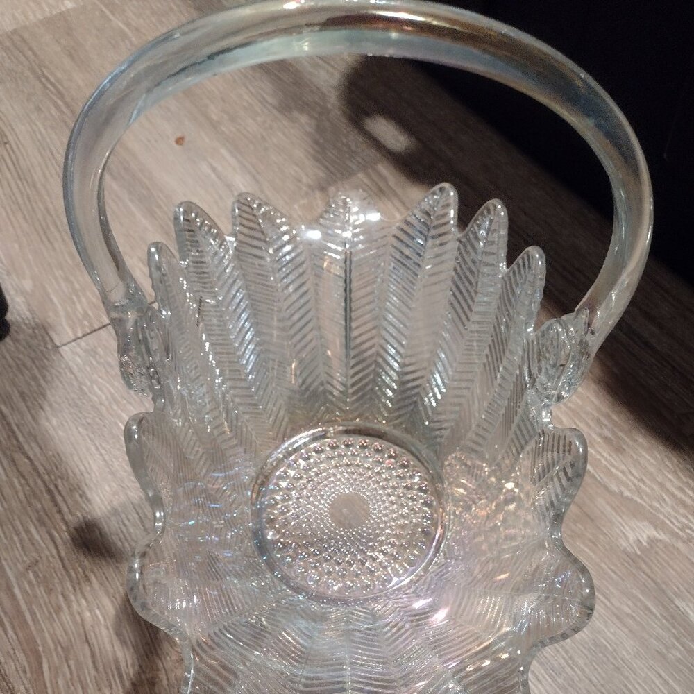 Vintage Le Smith iridescent feathered glass basket bowl with handle heavy